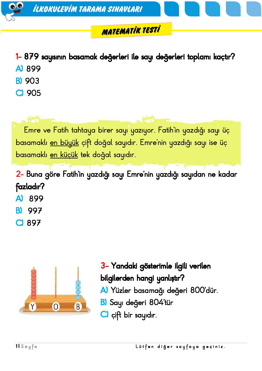 4. Sınıf Matematik Tarama Sınavı 2
