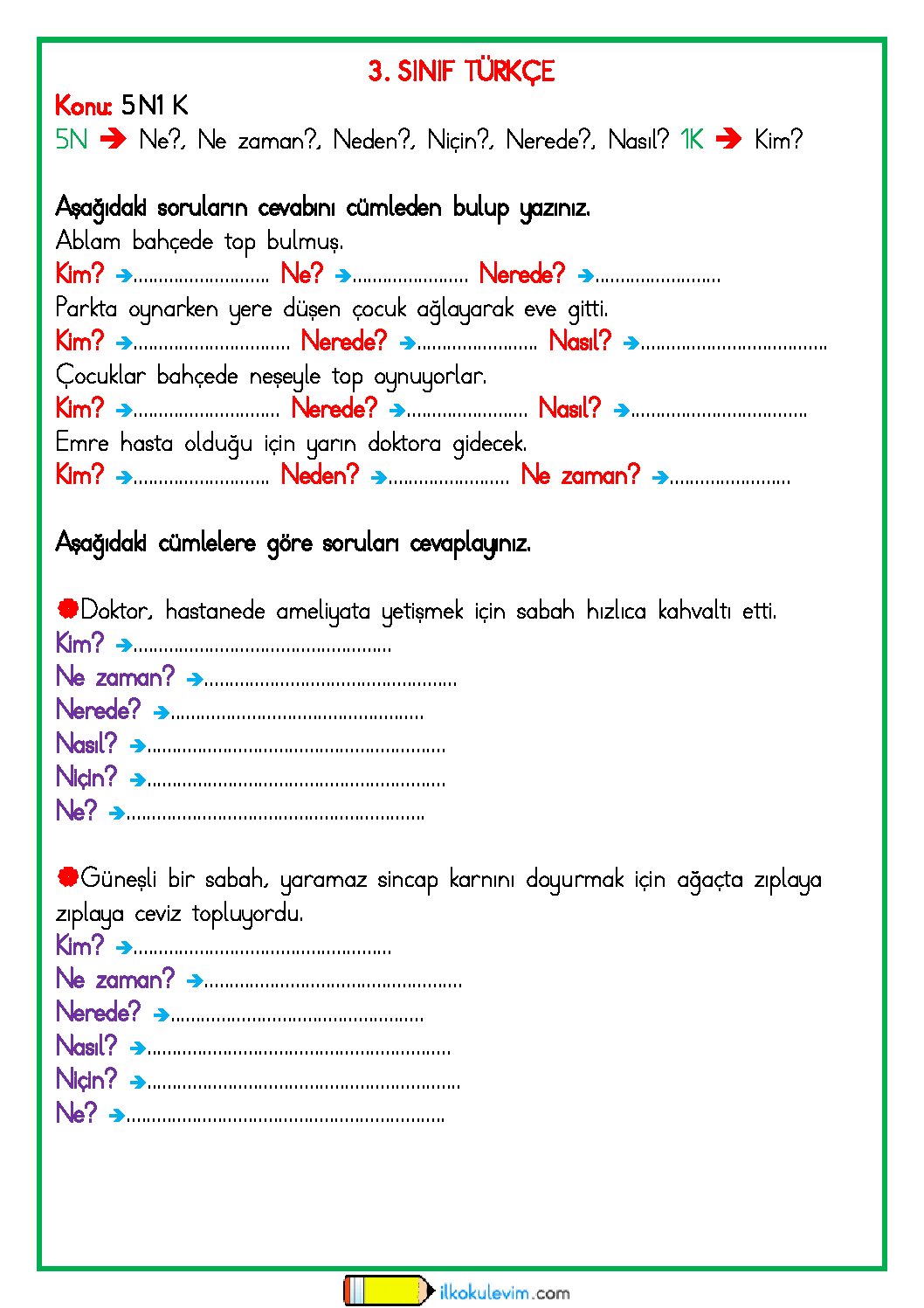 3. Sınıf Türkçe 5N1K Etkinliği 1