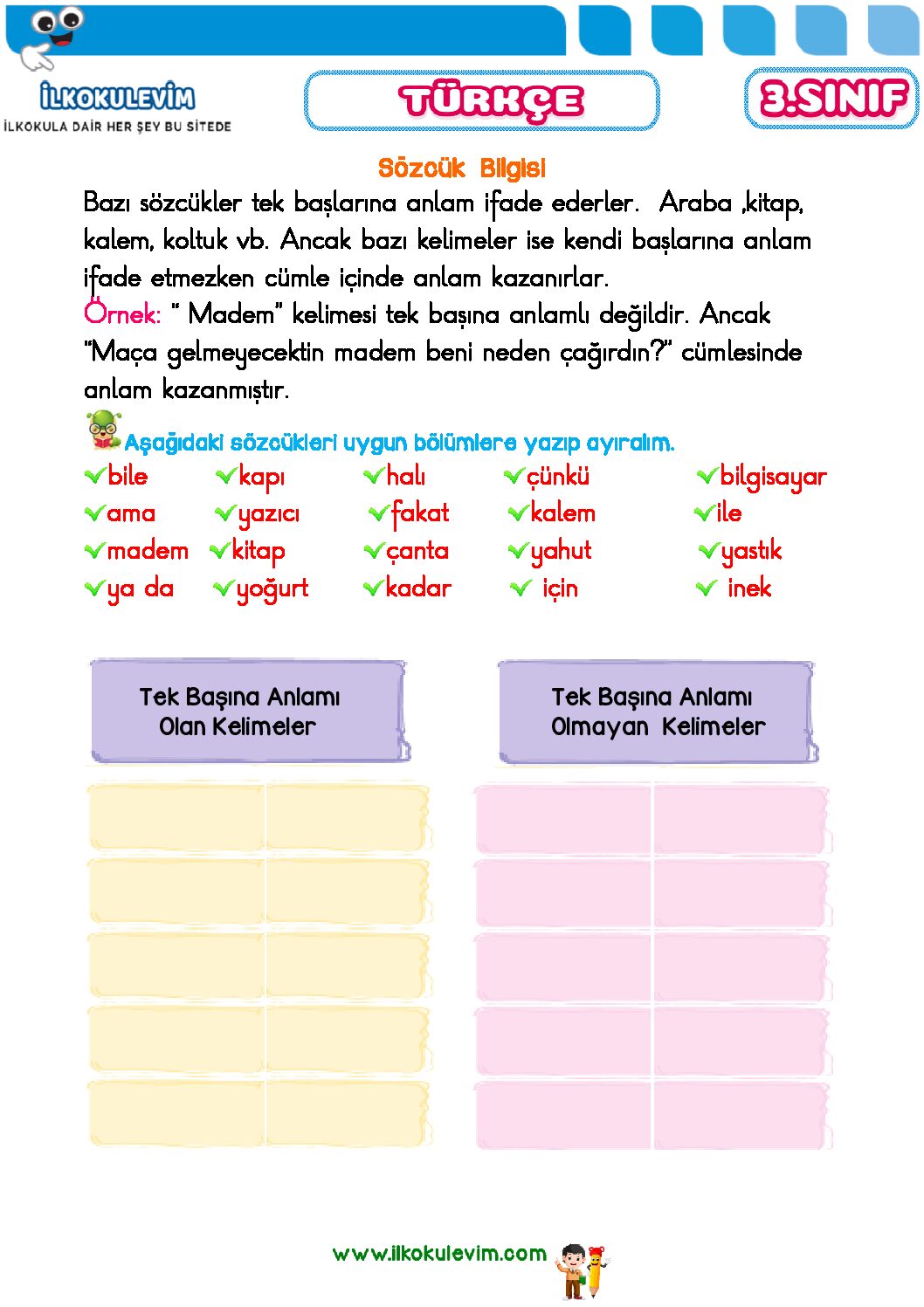3. Sınıf Türkçe Sözcük Bilgisi Etkinliği 1