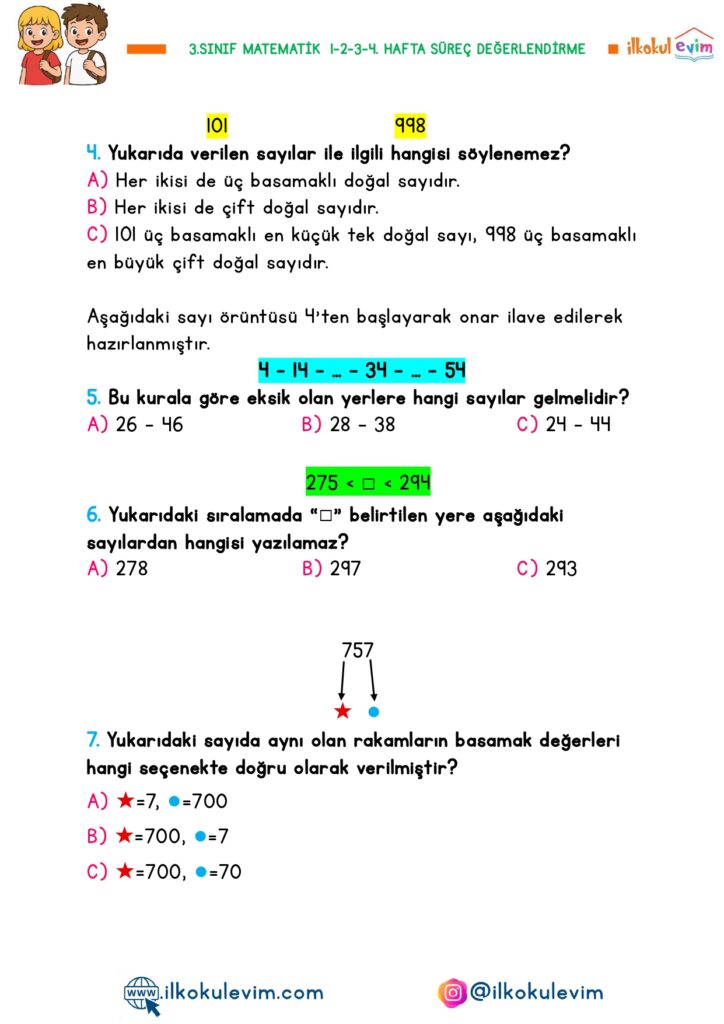 3.Sınıf Matematik 1-2-3-4. Hafta Süreç Değerlendirme