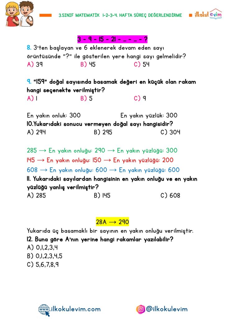 3.Sınıf Matematik 1-2-3-4. Hafta Süreç Değerlendirme