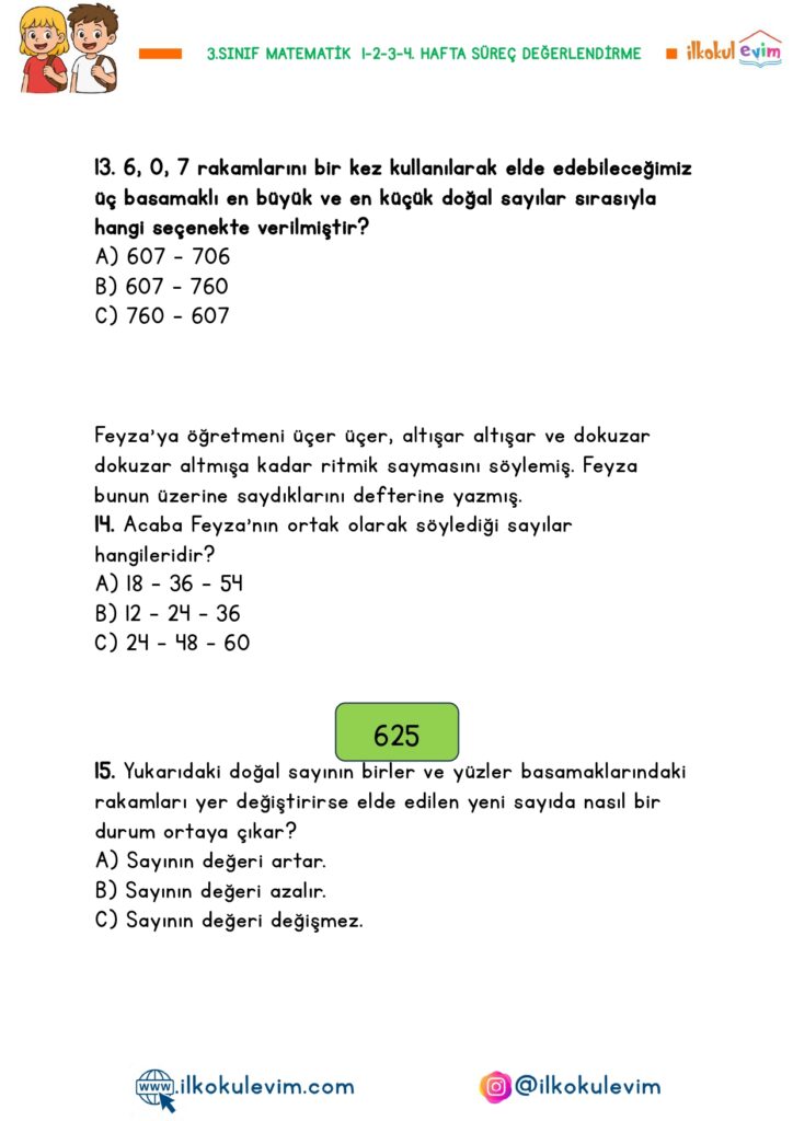 3.Sınıf Matematik 1-2-3-4. Hafta Süreç Değerlendirme