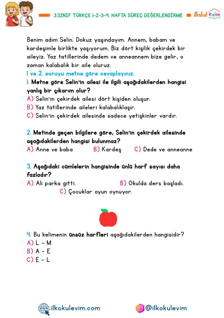 3.Sınıf Türkçe 1-2-3-4. Hafta Süreç Değerlendirme