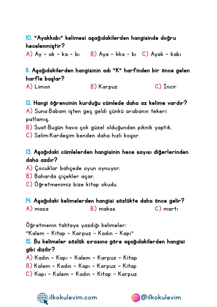 3.Sınıf Türkçe 1-2-3-4. Hafta Süreç Değerlendirme