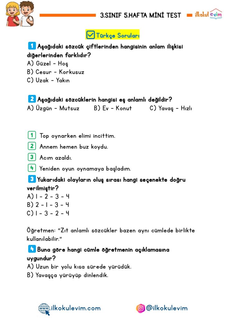 3.Sınıf 5.Hafta Mini Test