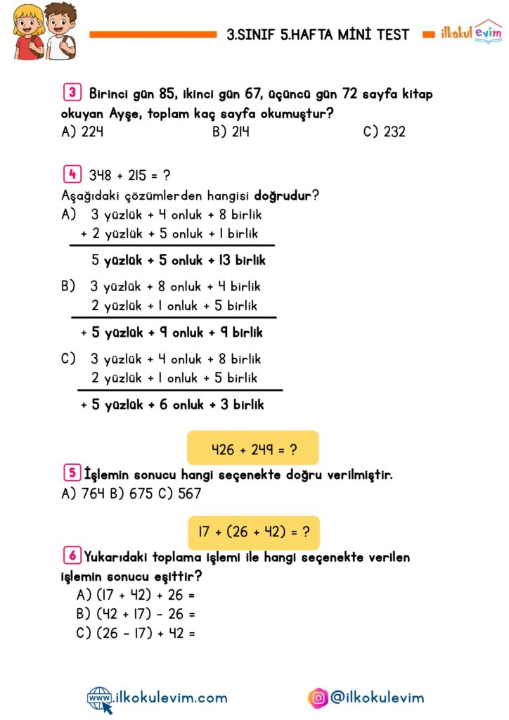 3.Sınıf 5.Hafta Mini Test