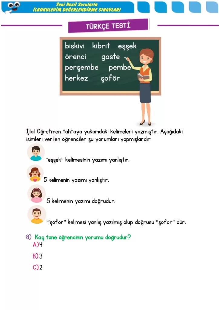 3.Sınıf İlkokulevim Yeni Nesil Sorular OCAK 2022