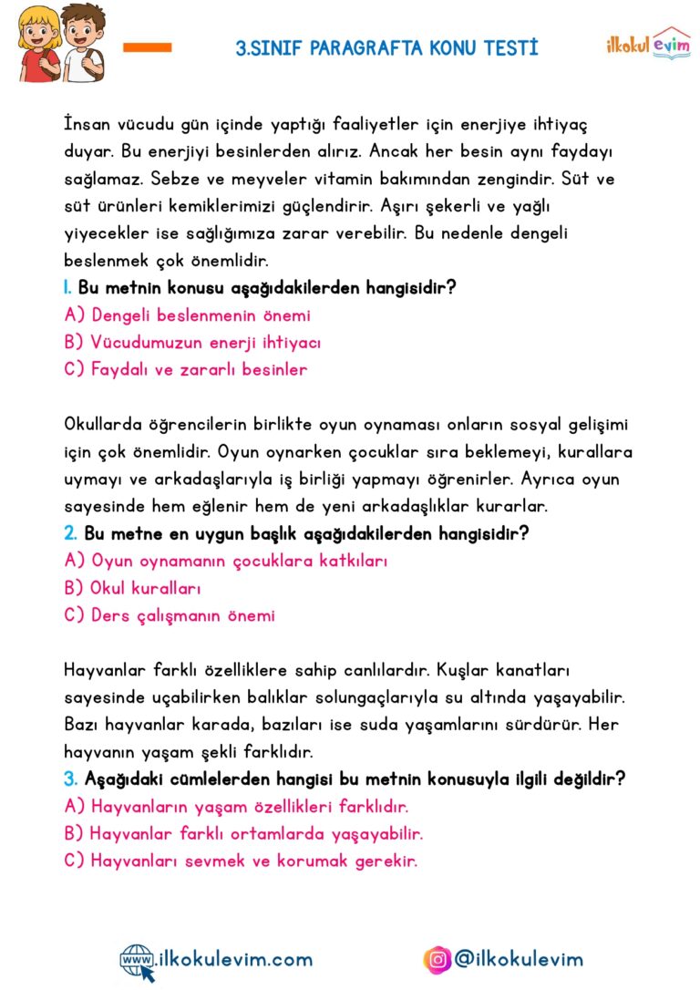 3.Sınıf Paragrafta Konu Testi