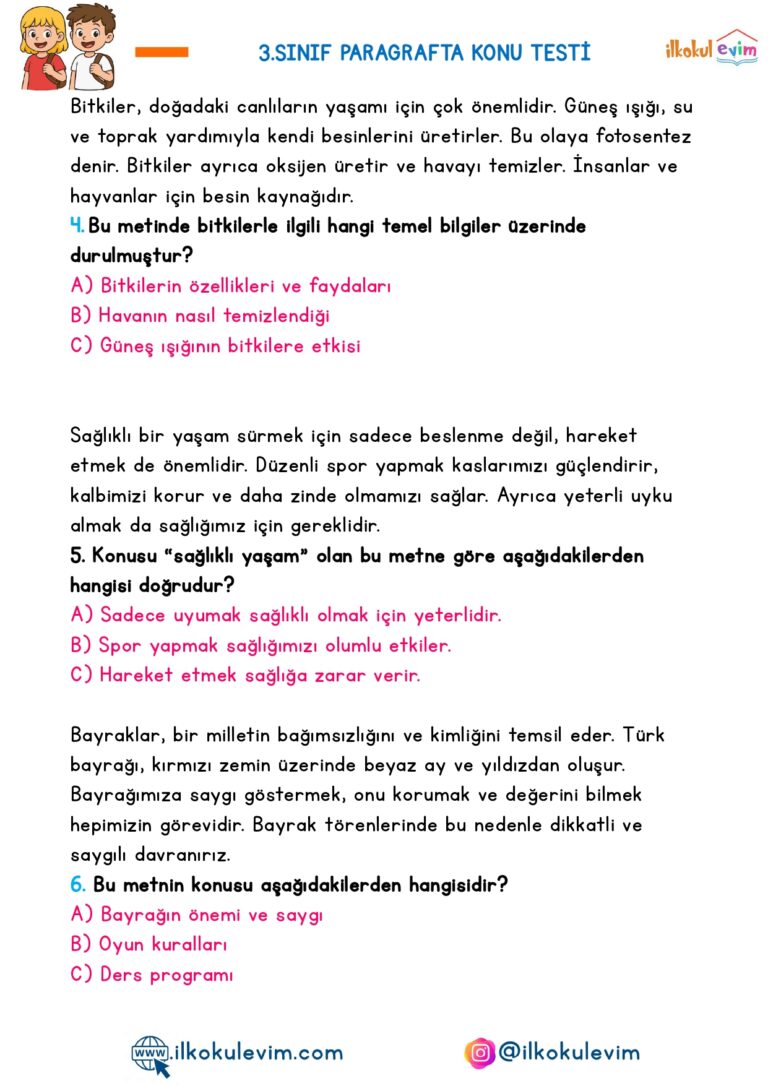 3.Sınıf Paragrafta Konu Testi
