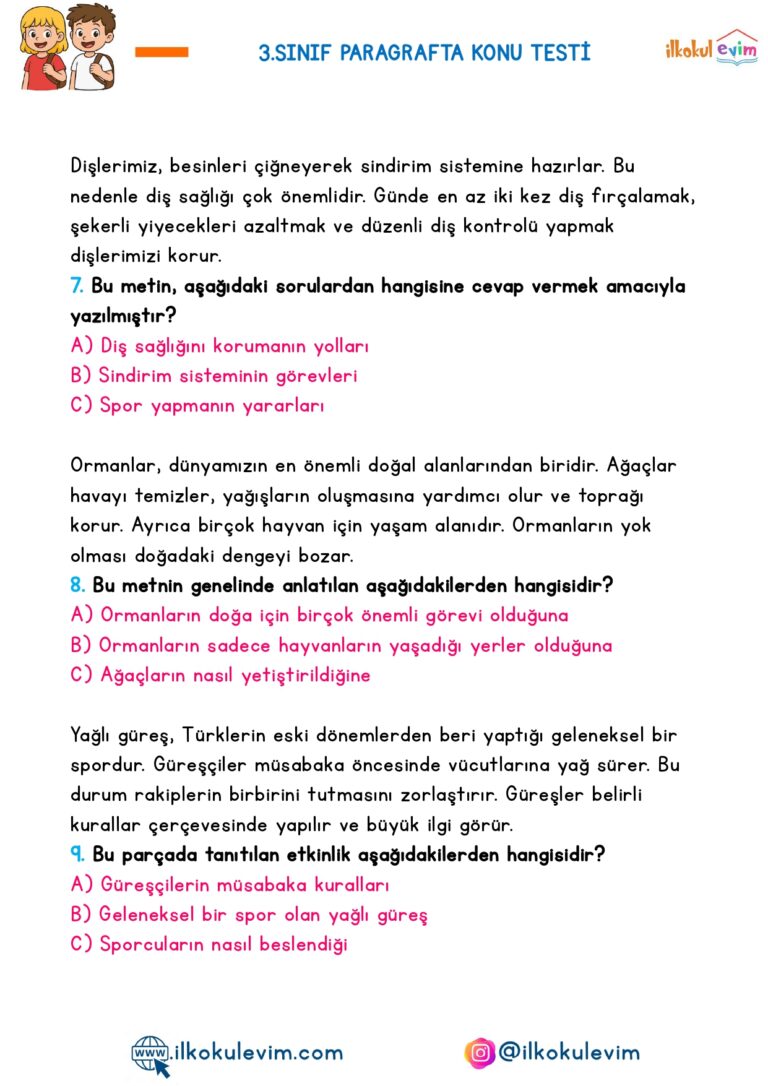 3.Sınıf Paragrafta Konu Testi