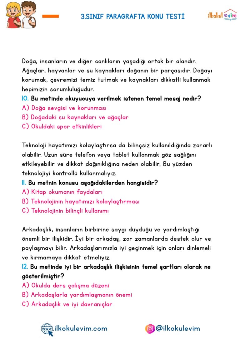 3.Sınıf Paragrafta Konu Testi