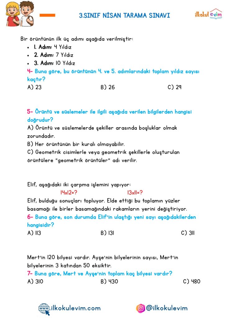 3. Sınıf Çözümlü Tarama Sınavı
