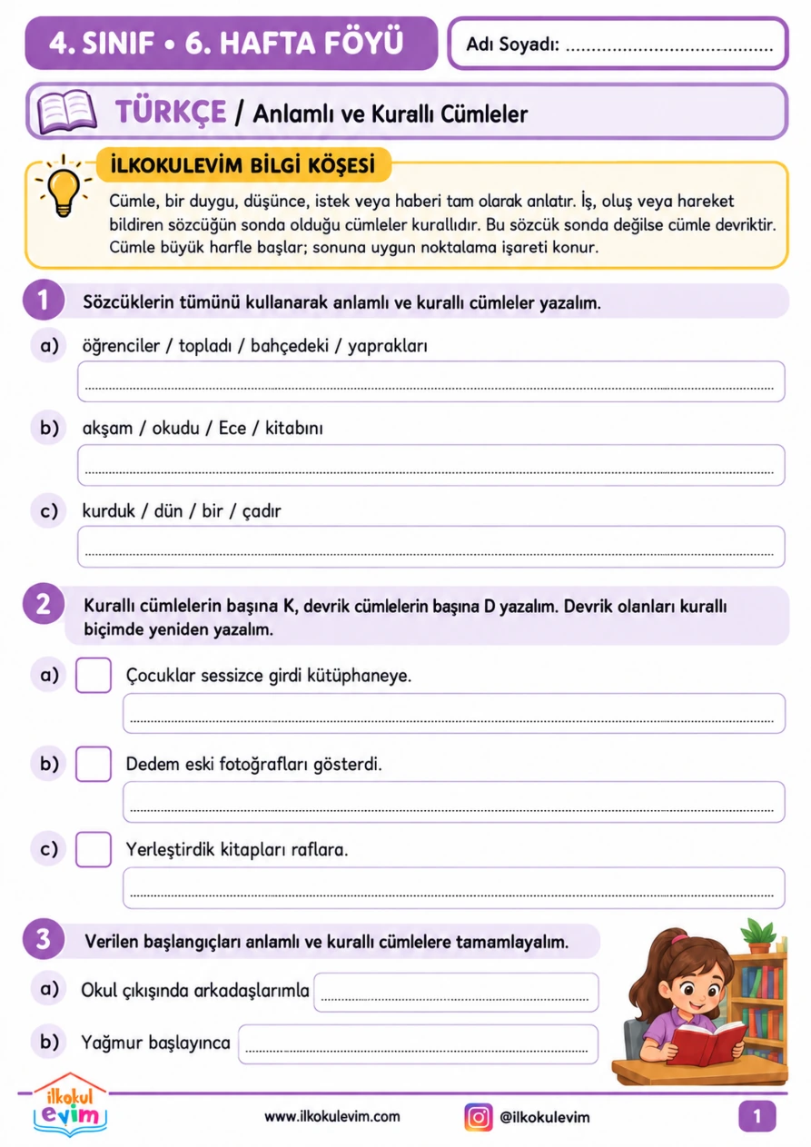 4. Sınıf 6. Hafta Föyü Türkçe örnek etkinlik sayfası