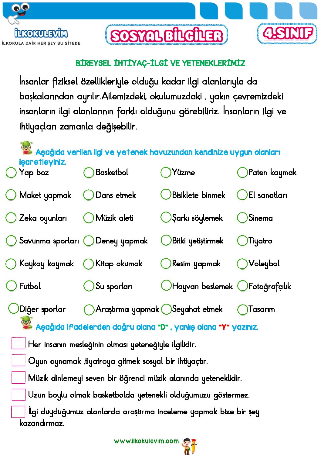 4. Sınıf Sosyal Bilgiler Nelerden Hoşlanıyorum? Neleri Yapabilirim?