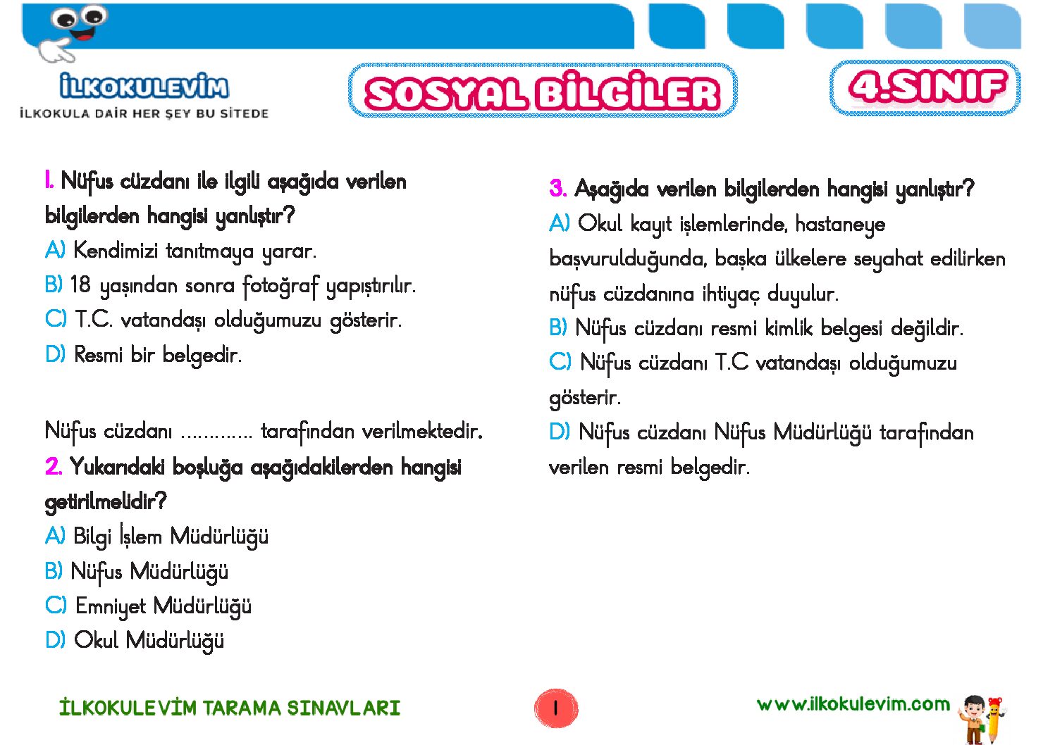 4. Sınıf Sosyal Bilgiler Tarama Sınavı 1