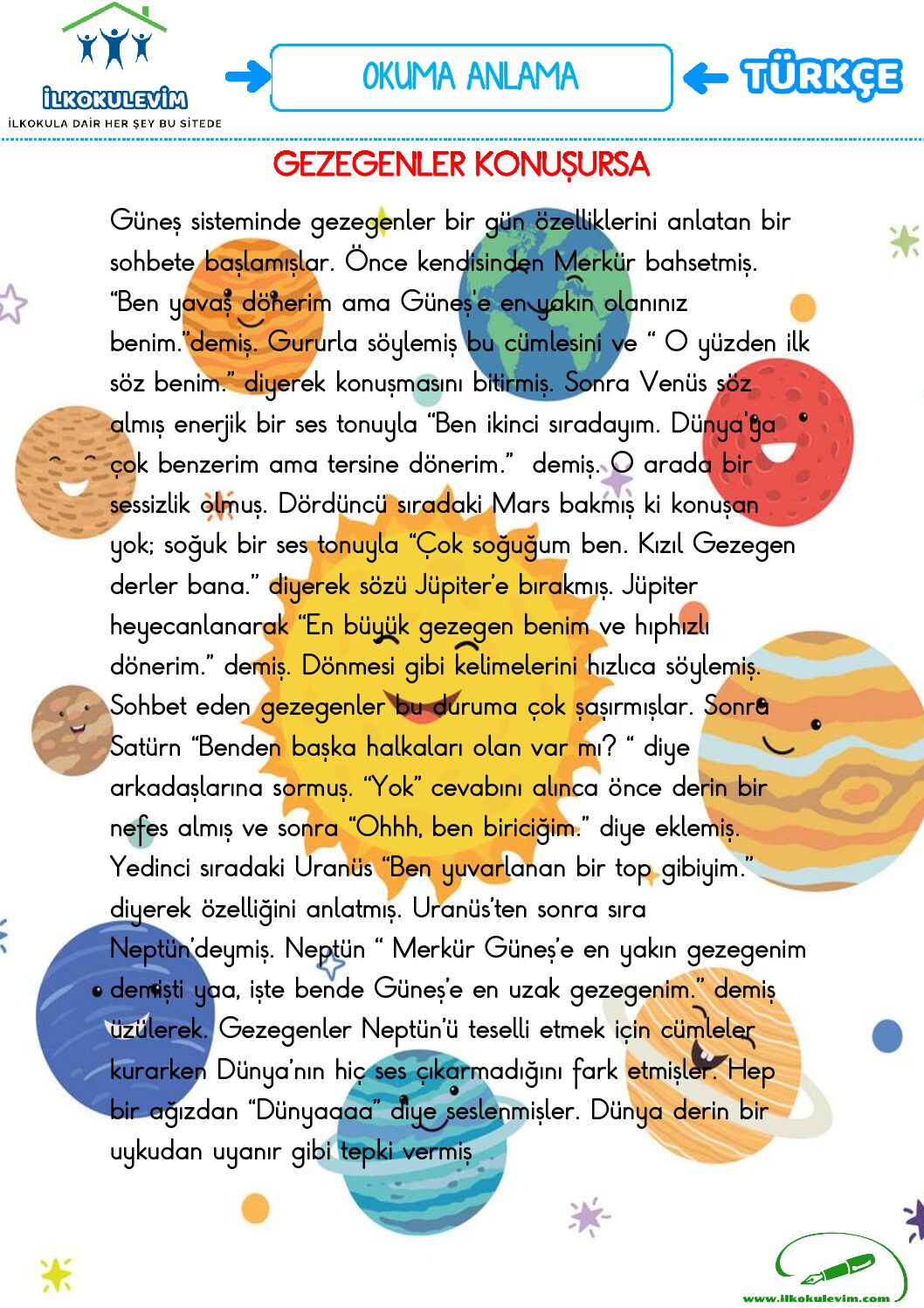 4. Sınıf Türkçe Okuma Anlama Metinleri Etkinliği 1