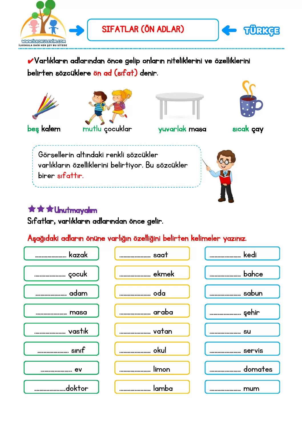 4. Sınıf Türkçe Sıfatlar (Önadlar) Etkinliği 1