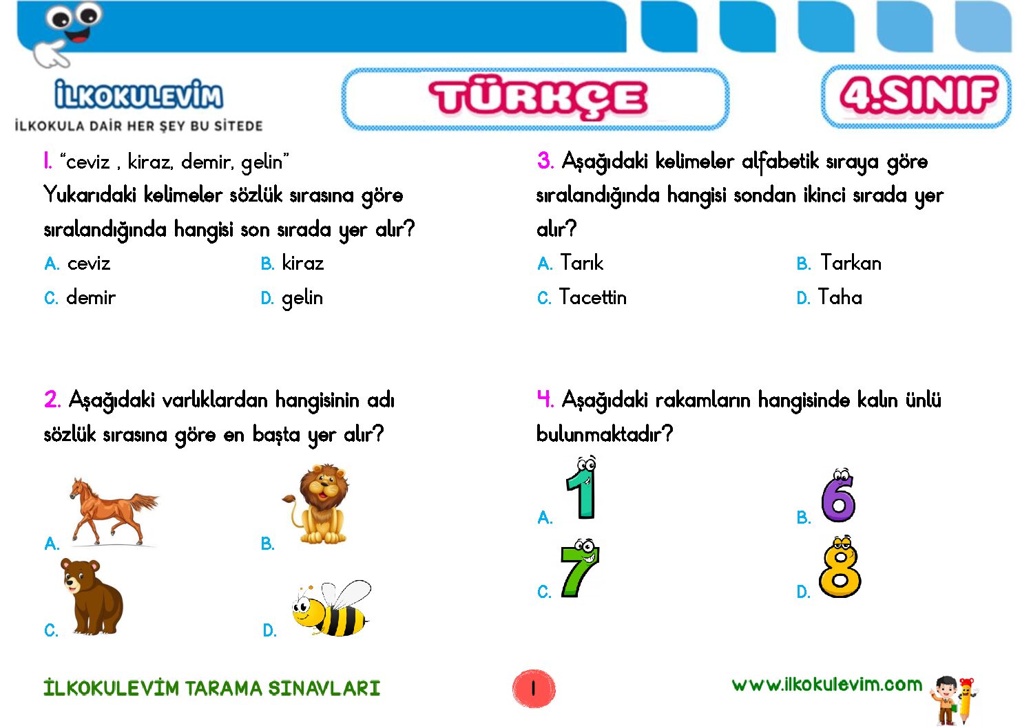 4. Sınıf Türkçe Tarama Sınavı 1