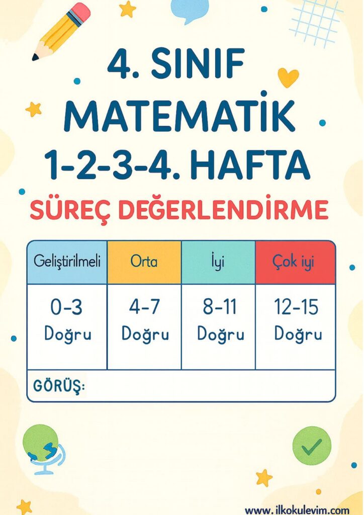 4.Sınıf Matematik 1-2-3-4. Hafta Süreç Değerlendirme