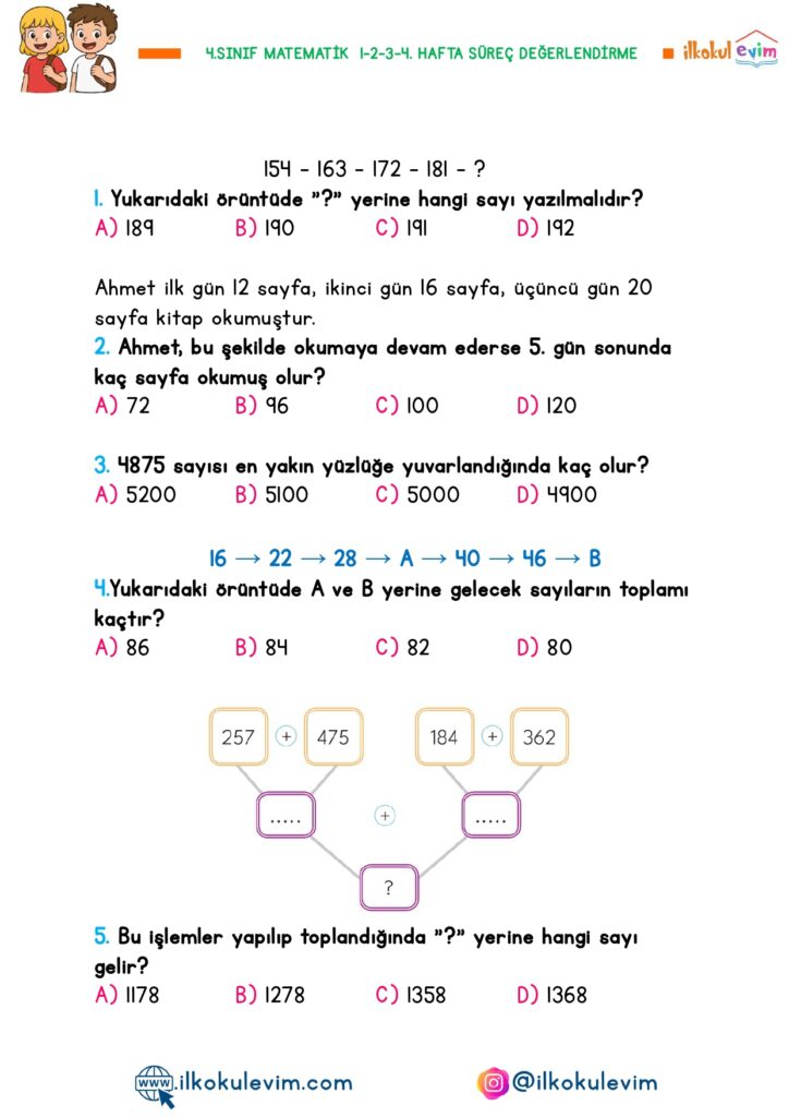 4.Sınıf Matematik 1-2-3-4. Hafta Süreç Değerlendirme
