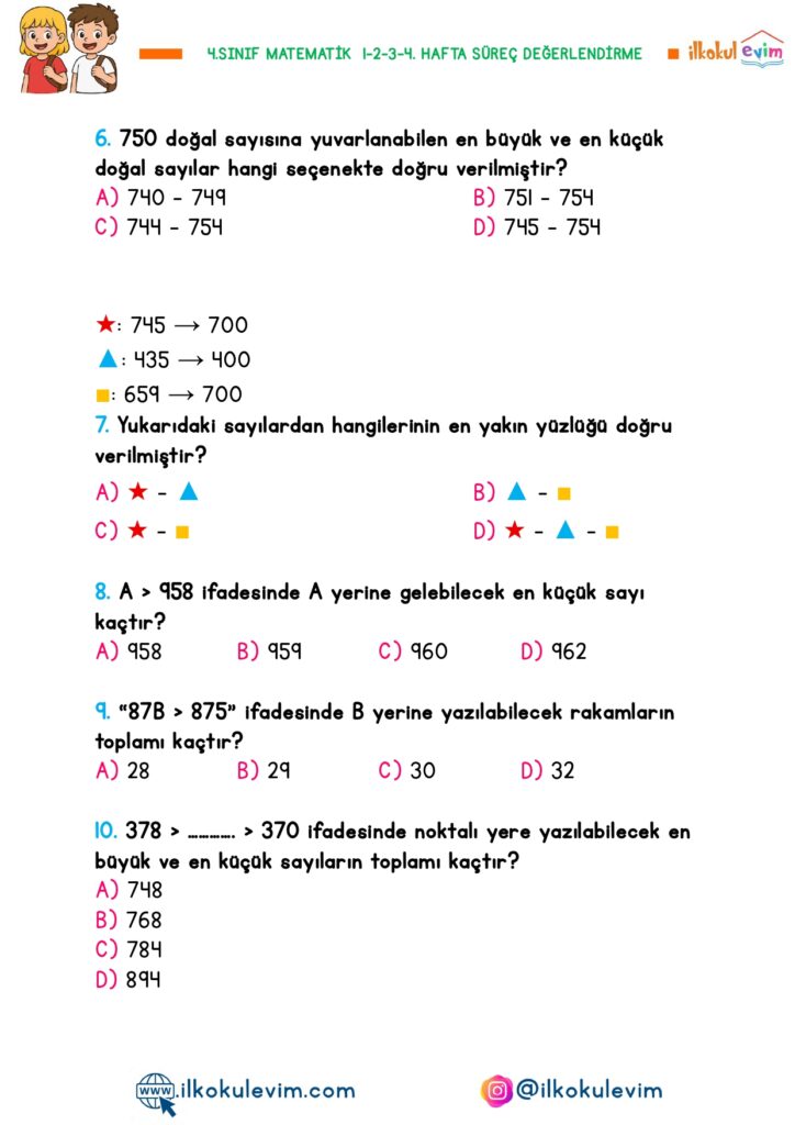 4.Sınıf Matematik 1-2-3-4. Hafta Süreç Değerlendirme