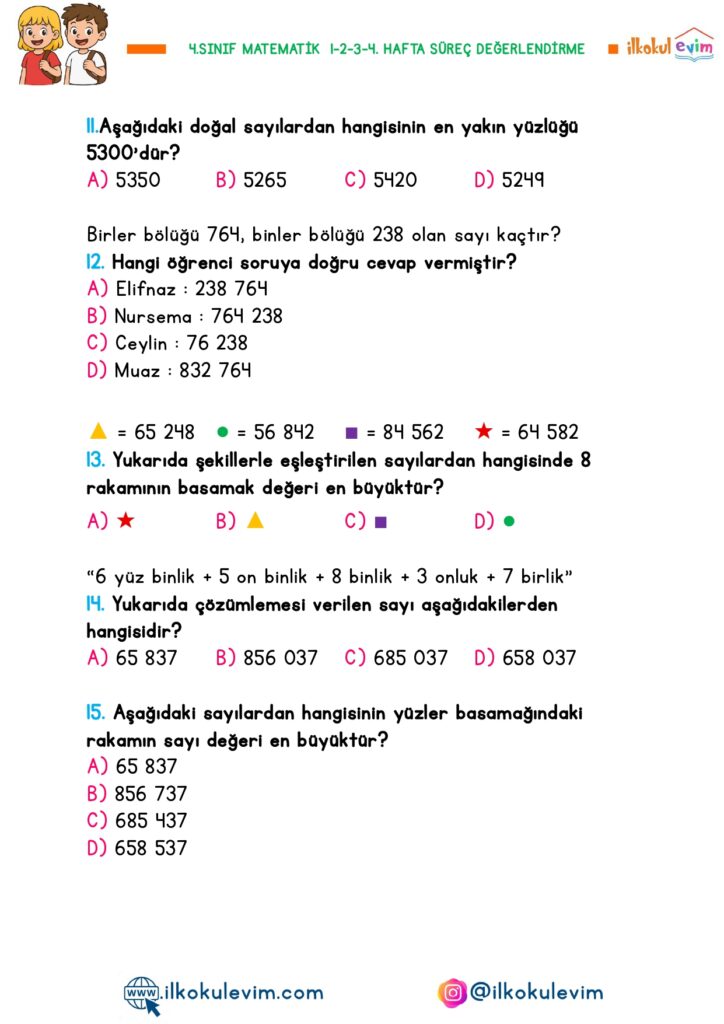 4.Sınıf Matematik 1-2-3-4. Hafta Süreç Değerlendirme