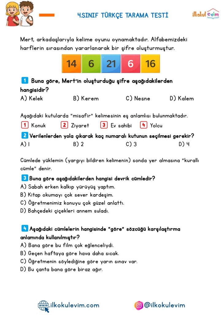 4.Sınıf Türkçe Tarama Testi