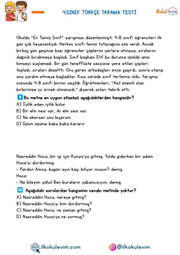 4.Sınıf Türkçe Tarama Testi