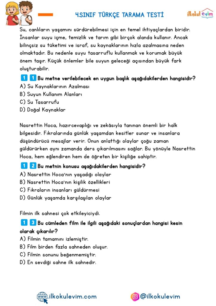 4.Sınıf Türkçe Tarama Testi