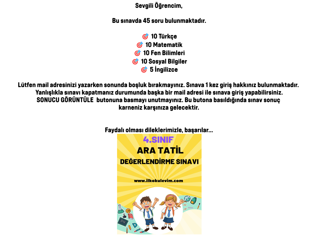 4. Sınıf Türkiye Geneli Ara Tatil Değerlendirme Sınavı