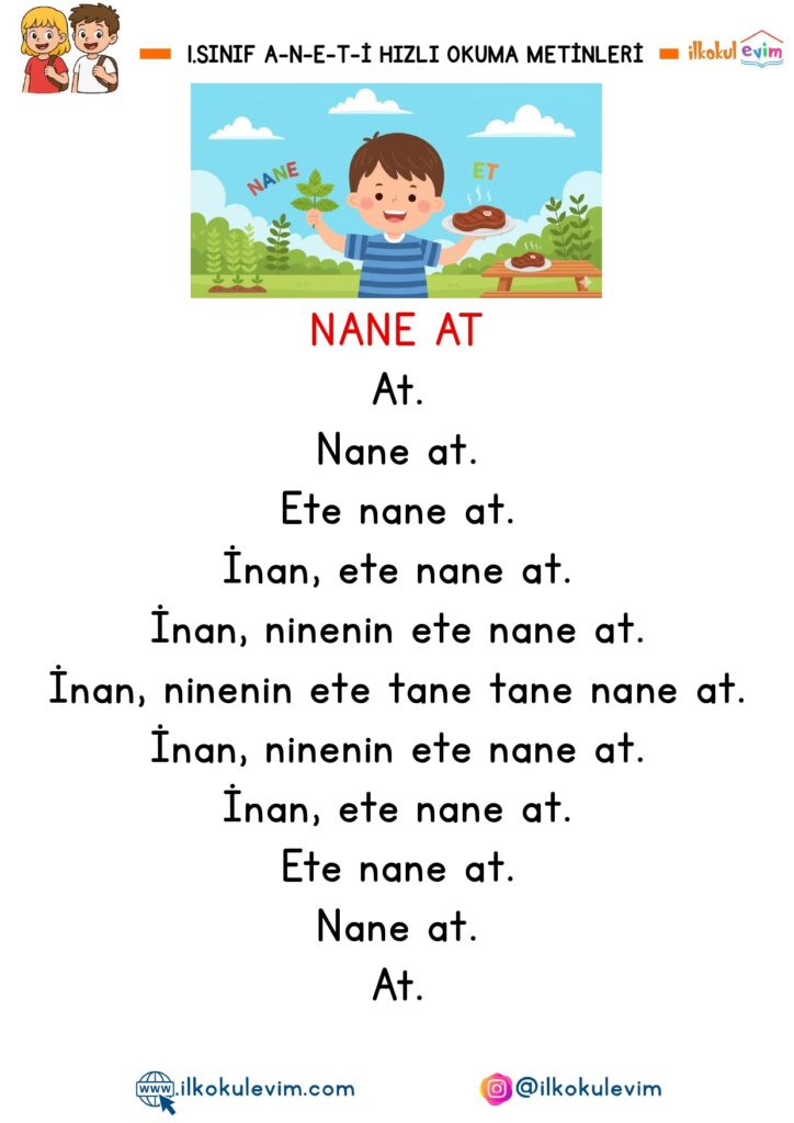 1. Sınıf A-N-E-T-İ Sesleri Hızlı Okuma Metinleri