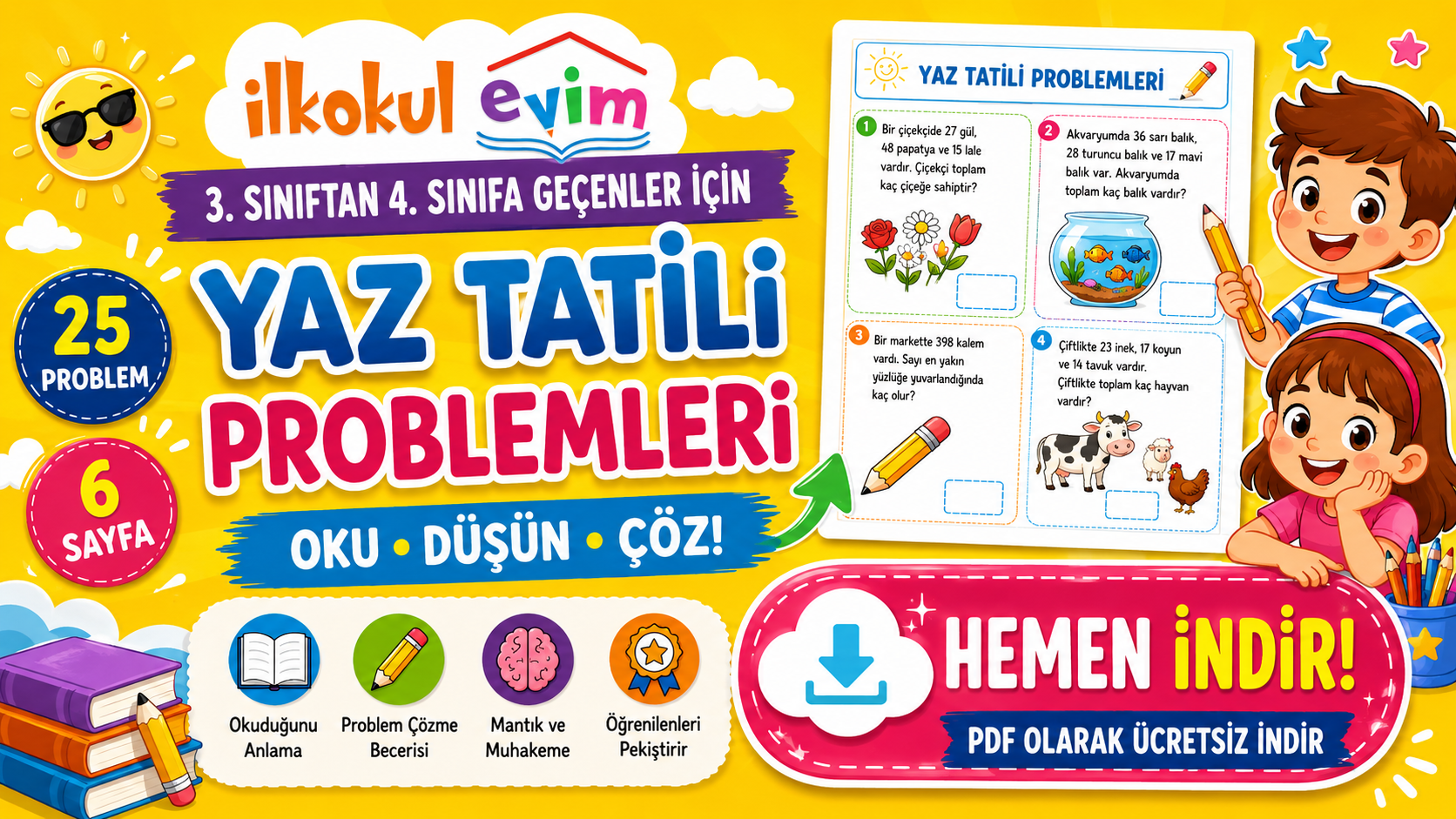 3. Sınıftan 4. Sınıfa Geçenler İçin Yaz Tatili Problemleri 1