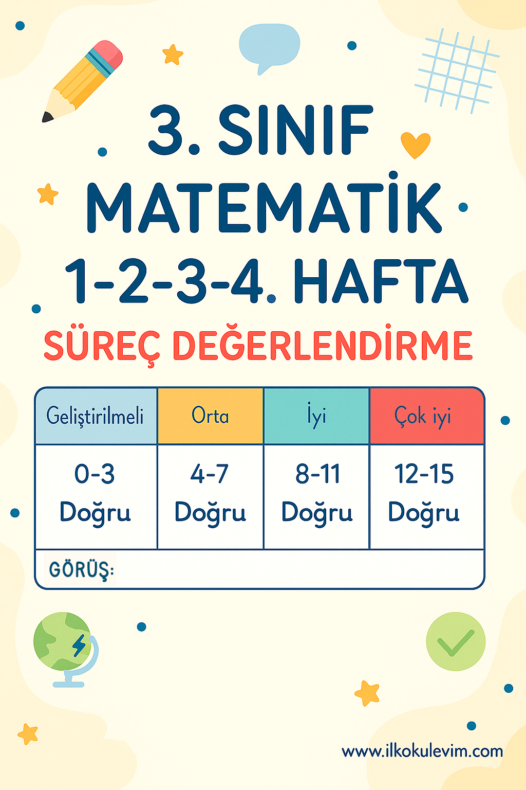 3.Sınıf Matematik 1-2-3-4. Hafta Süreç Değerlendirme