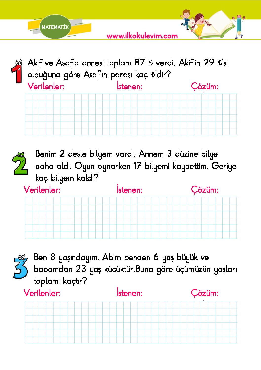 2.Sınıf Matematik Online ve PDF Çıkarma Problemleri