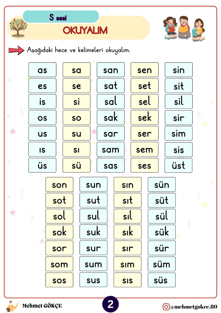 1. Sınıf Ü-S-Ö-Y-D-Z Hece ve Kelime Tablosu