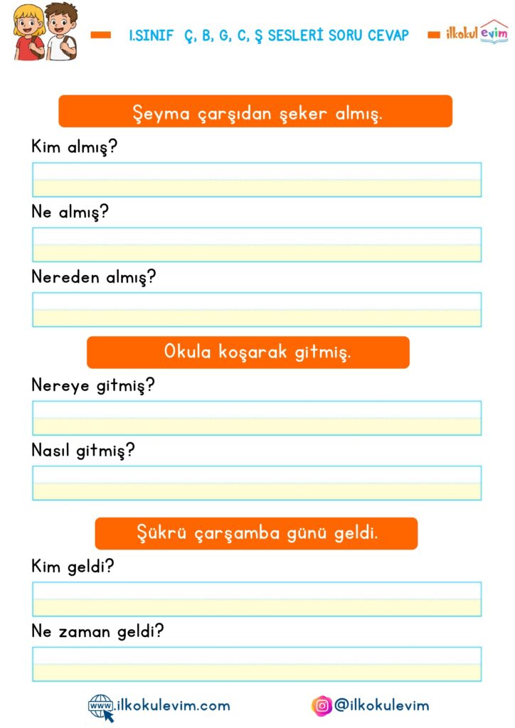 1.Sınıf Ç, B, G, C, Ş Sesleri Soru Cevap Etkinliği