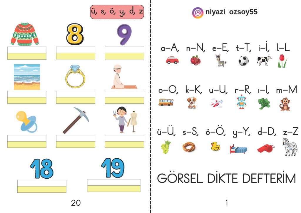 1. Sınıf 1-2-3. Grup Sesler Resfebesiz Görsel Dikte Defterim