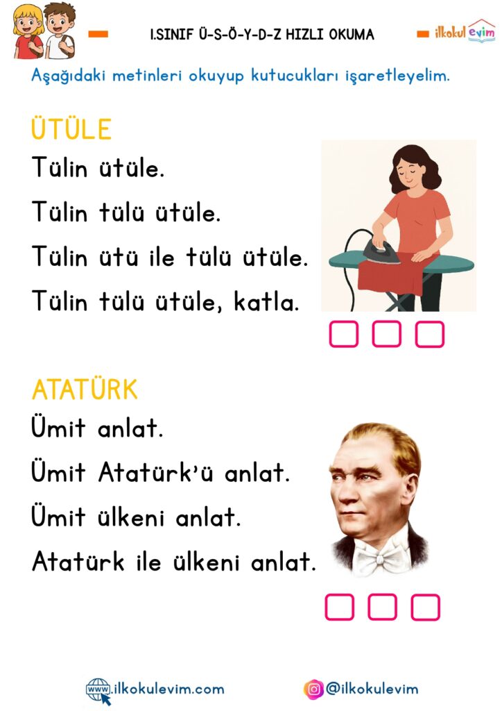 1. Sınıf Ü-S-Ö-D-Y-Z Sesleri Hızlı Okuma Metinleri