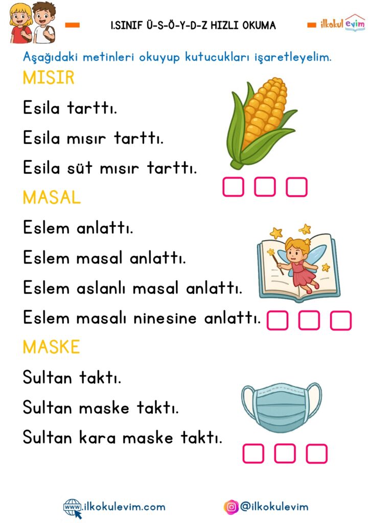 1. Sınıf Ü-S-Ö-D-Y-Z Sesleri Hızlı Okuma Metinleri