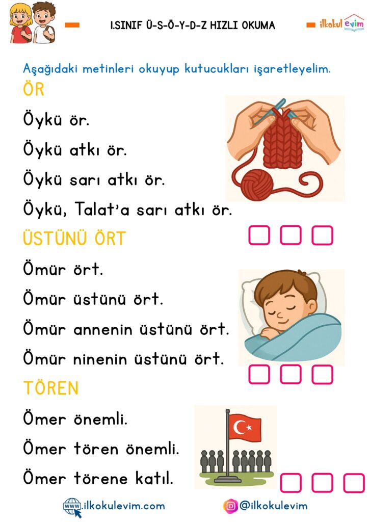1. Sınıf Ü-S-Ö-D-Y-Z Sesleri Hızlı Okuma Metinleri
