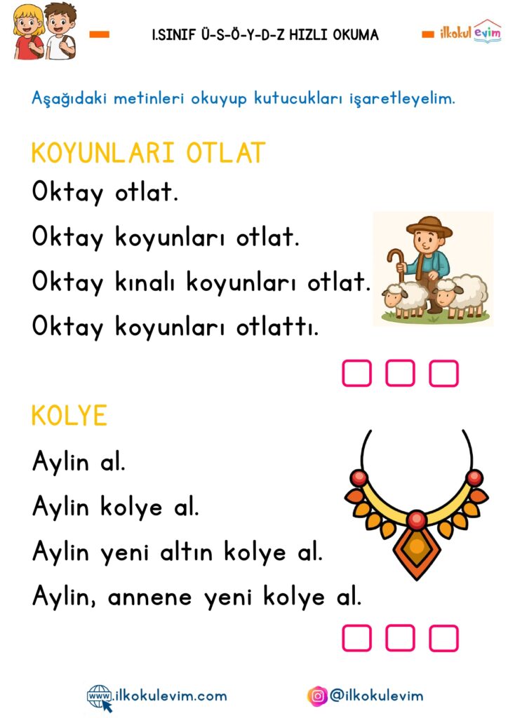 1. Sınıf Ü-S-Ö-D-Y-Z Sesleri Hızlı Okuma Metinleri