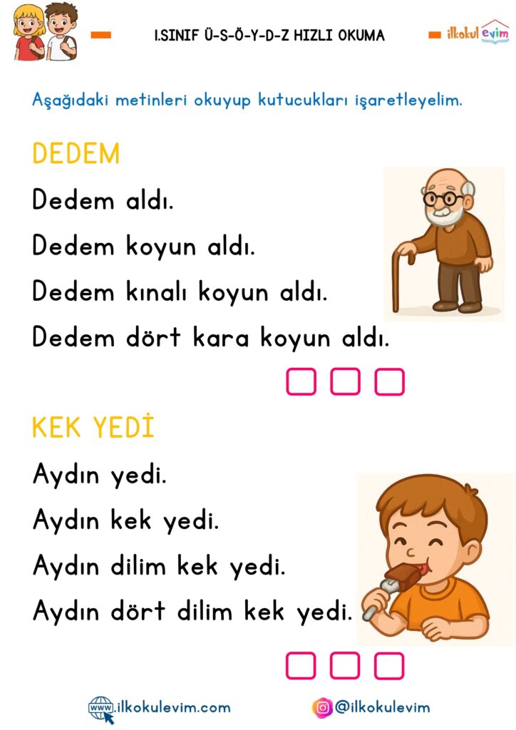 1. Sınıf Ü-S-Ö-D-Y-Z Sesleri Hızlı Okuma Metinleri