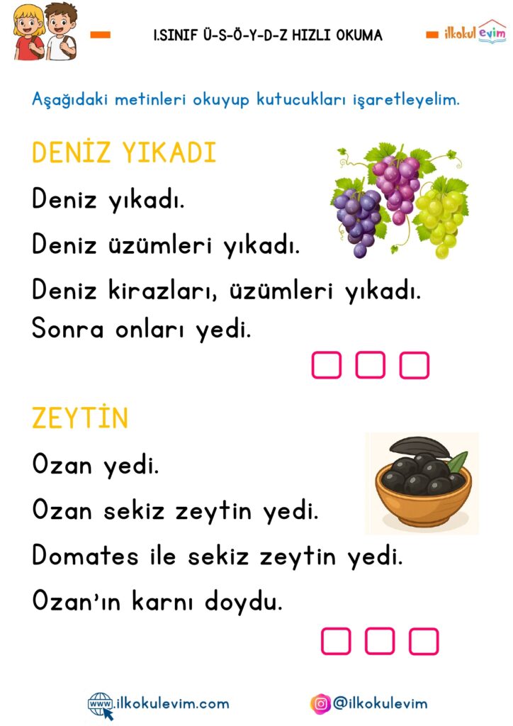 1. Sınıf Ü-S-Ö-D-Y-Z Sesleri Hızlı Okuma Metinleri